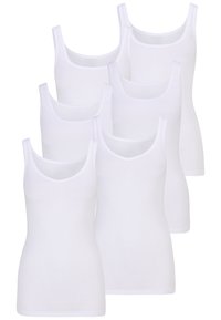 Six white cotton tank tops with wide shoulder straps and a scoop neckline, featuring a smooth texture and fitted design.
