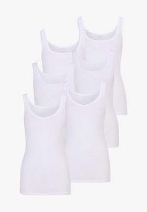 Six white cotton tank tops with wide shoulder straps and a scoop neckline, featuring a smooth texture and fitted design.