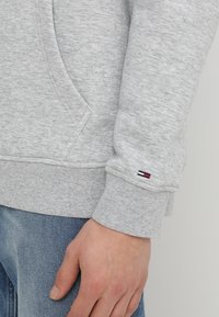 Sudadera gris clara con puños acanalados, bolsillo lateral y un pequeño logo bordado con rayas rojas, blancas y azules en la manga.