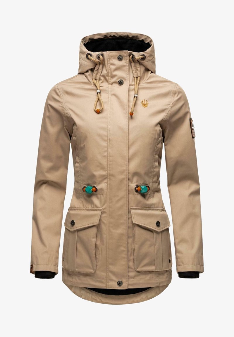 Veste imperméable beige avec capuche, deux poches avant et cordon décoratif orné de perles colorées. Doublure isolante et poignets élastiques.