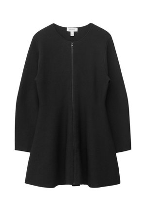 Black zip-up coat with a rounded neckline, long sleeves, and a flared design, made of smooth, textured fabric. Minimalist style.