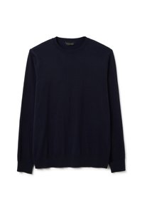 Pullover blu navy realizzato in tessuto morbido, con maniche lunghe e polsini e orlo a costine. Nessun motivo o dettaglio visibile.
