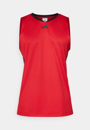 Red sleeveless sports tank top with black accents. Made of smooth fabric, featuring a V-neck and the Adidas logo in dark gray on the chest.