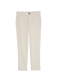 Pantalons gris clair avec un motif texturé, coupe slim, poches avant et fermeture à un bouton à la taille.