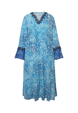 Blue patterned dress with a V-neck, flared lace sleeves, and contrasting trim. Features intricate designs in varying shades of blue.