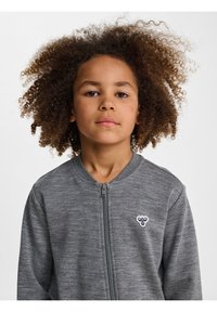 Grå zip-up jacka med en lätt textur, med rund krage och en liten broderad design på vänster bröstområde.