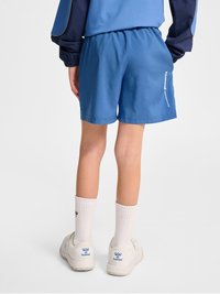 Blå träningsshorts med resårmidja, slät textur och logotypdetalj på höger sida. Ett par vita strumpor och sneakers synliga.