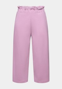 Pantalon court lilas taille haute avec jambes larges et ceinture élastique volantée, présenté sur fond blanc.