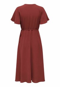 Robe midi couleur rouille avec manches courtes évasées et fine ceinture nouée à la taille, vue de dos sur fond blanc.