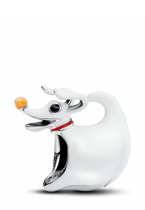 Figurine de chien en céramique blanche avec un collier rouge, expression souriante et nez en forme de balle orange. Courbures douces, finition polie et accents détaillés.