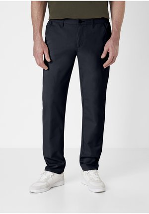 Navy blue chinos made of lightweight fabric, featuring a slim fit, belt loops, front pockets, and a classic button and zipper closure.