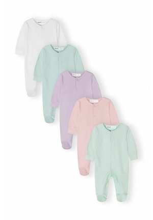 Cinque body per neonati a manica lunga nei colori bianco, verde chiaro, lavanda, rosa e verde menta, disposti diagonalmente su uno sfondo bianco.