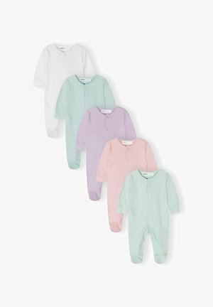 Cinq bodies bébé à manches longues en blanc, vert clair, lavande, rose et vert menthe, disposés en diagonale sur un fond blanc.