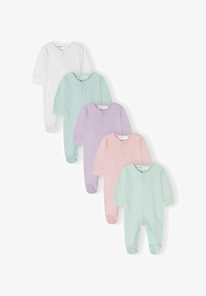 Cinq bodies bébé à manches longues en blanc, vert clair, lavande, rose et vert menthe, disposés en diagonale sur un fond blanc.