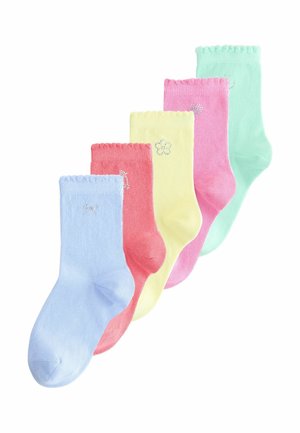 Five pairs of knee-high socks in blue, pink, yellow, coral, and mint green, featuring contrasting ribbed cuffs and small decorative patterns.