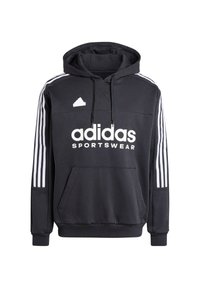 Felpa nera in cotone misto con tasca a marsupio, dotata di logo Adidas bianco e tre strisce bianche su ciascun maniche.
