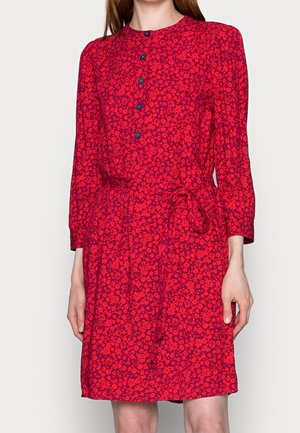 Robe rouge à fleurs longueur genou avec manches longues, boutons bleus à l'avant, encolure ronde et ceinture nouée à la taille portée par une personne debout.