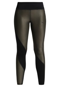 Leggings de cintura alta con un cinturón elástico negro, un patrón de red dorada y paneles laterales negros sólidos que crean un diseño contrastante.