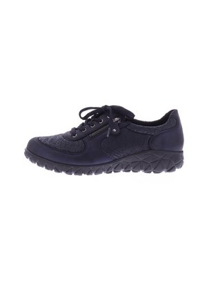 Schnürsneaker in dunkelblau mit strukturiertem Obermaterial aus synthetischem Material und einer geformten schwarzen Gummisohle mit geometrischem Muster.