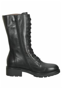 Bottines en cuir noir à lacets avec fermeture éclair sur le côté, bout rond, surface texturée et un talon épais pour durabilité et soutien.