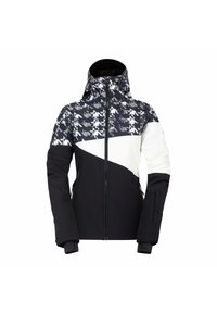 Schwarz-weiß Jacke mit einem gemusterten oberen Abschnitt, einem einfarbigen weißen Mittelteil und einem einfarbigen schwarzen unteren Abschnitt. Verfügt über einen Reißverschluss vorne und eine Kapuze.