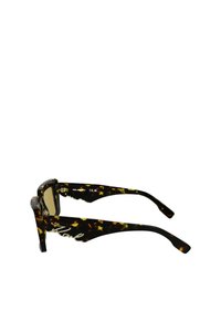 Tortoiseshell sunglasses with black and gold accents. Square lenses with a thick frame and elongated temples featuring a logo detail.