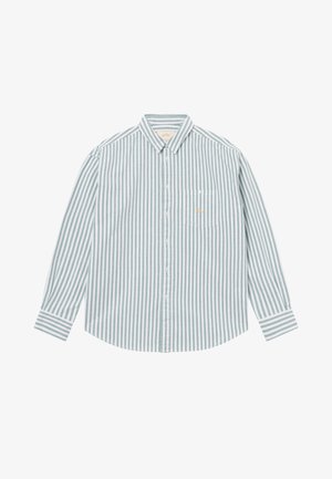 Vyriški marškiniai ilgomis rankovėmis, suverti sagomis, su vertikaliomis žaliomis ir baltomis juostomis, ir vienu krūtinės kišeniu, siuvinėtu mažais geltonais akcentais.