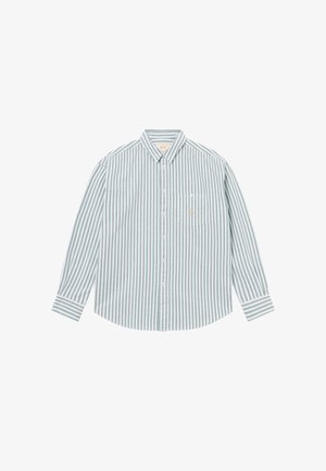 Vyriški marškiniai ilgomis rankovėmis, suverti sagomis, su vertikaliomis žaliomis ir baltomis juostomis, ir vienu krūtinės kišeniu, siuvinėtu mažais geltonais akcentais.