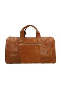 Borsa da viaggio in pelle marrone con manici doppi e una tasca frontale con zip, mostrata su uno sfondo bianco semplice.