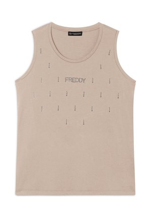 Top smanicato beige realizzato in tessuto morbido, con scollatura rotonda e la scritta "FREDDY" in strass sul davanti, con dettagli sparsi.