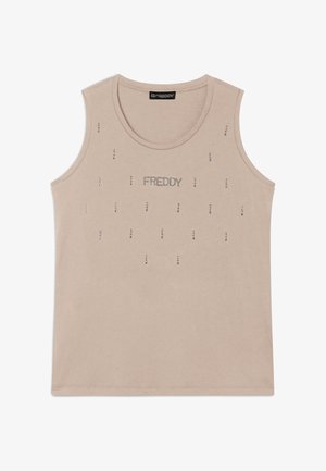 Top sin mangas de color beige confeccionado en una tela suave, con cuello redondo y la palabra "FREDDY" en strass en la parte frontal, con acentos dispersos.