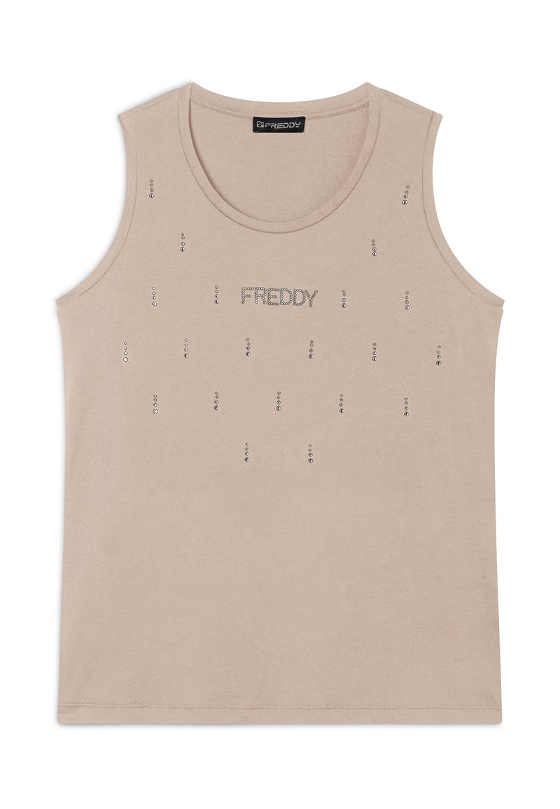 Top smanicato beige realizzato in tessuto morbido, con scollatura rotonda e la scritta "FREDDY" in strass sul davanti, con dettagli sparsi.