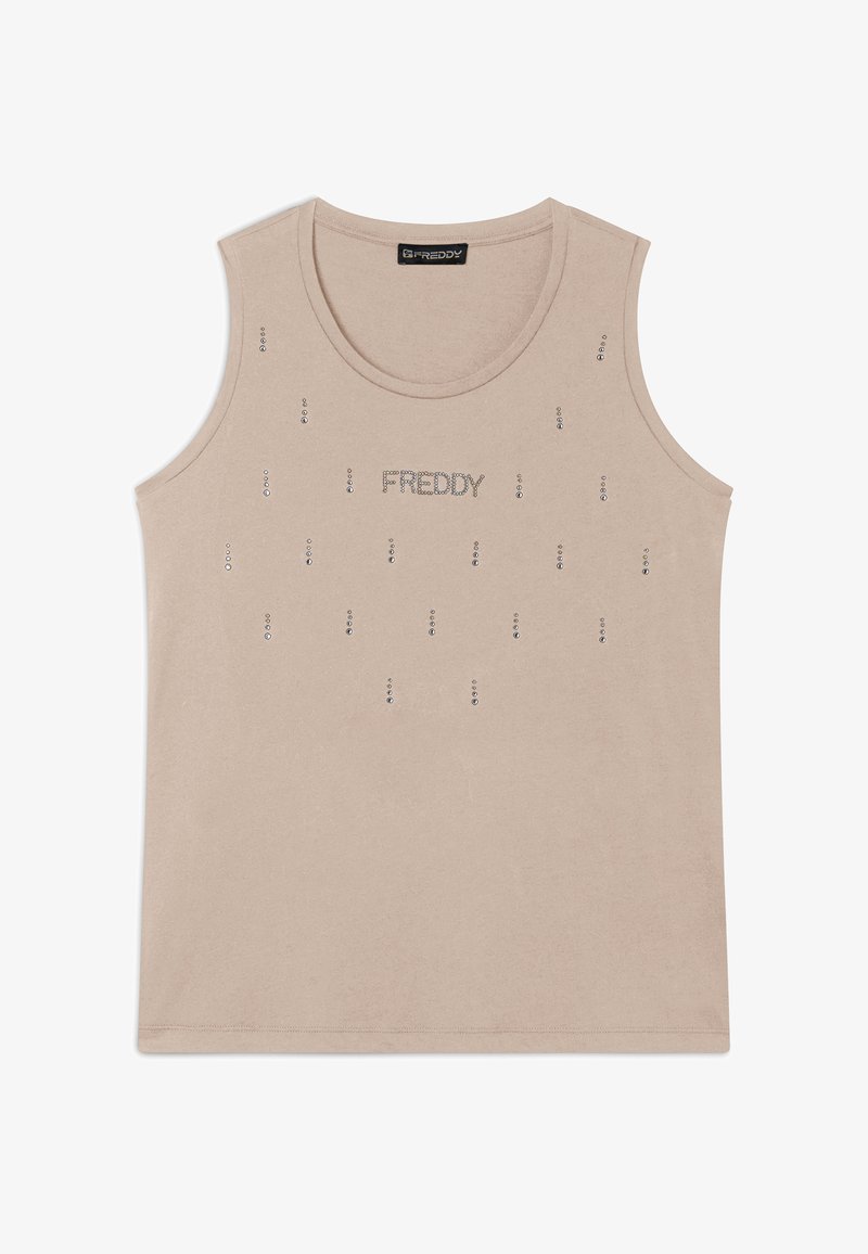 Top smanicato beige realizzato in tessuto morbido, con scollatura rotonda e la scritta "FREDDY" in strass sul davanti, con dettagli sparsi.