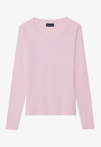 Long-sleeve top in light pink, featuring a ribbed texture and a round neckline. Made of soft material with straight-cut hem.