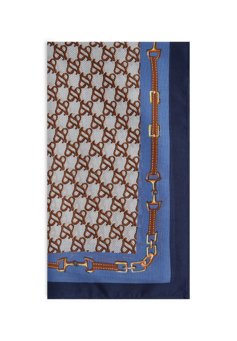 Foulard in seta con un motivo equestri marrone su sfondo bianco, bordato da margini blu e navy con accenti dorati a forma di fibbia.