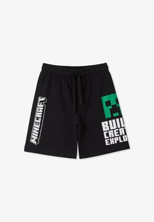 Pantaloncini neri in cotone con scritta bianca "MINECRAFT" e grafiche di blocchi verdi. Vita elasticizzata con coulisse per una vestibilità regolabile.
