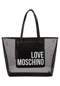 Svart tote-väska med ett nätmaterial, med en solid svart ficka med "LOVE MOSCHINO" i stor vit text. Släta läderhandtag.