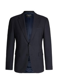 Marineblauer Blazer aus strukturiertem Stoff, mit Reverskragen, zwei Knöpfen und zwei Fronttaschen. Innenfutter aus glattem Stoff.