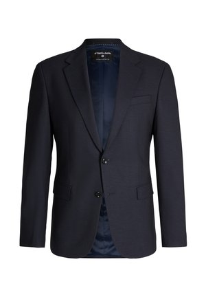 Blazer bleu marine en tissu texturé, doté d'un col à revers cranté, de deux boutons et de deux poches avant. Intérieur doublé d'un tissu lisse.