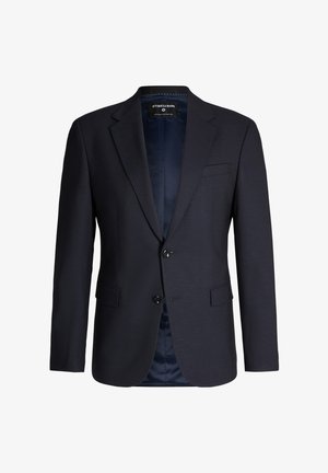 Blazer bleu marine en tissu texturé, doté d'un col à revers cranté, de deux boutons et de deux poches avant. Intérieur doublé d'un tissu lisse.