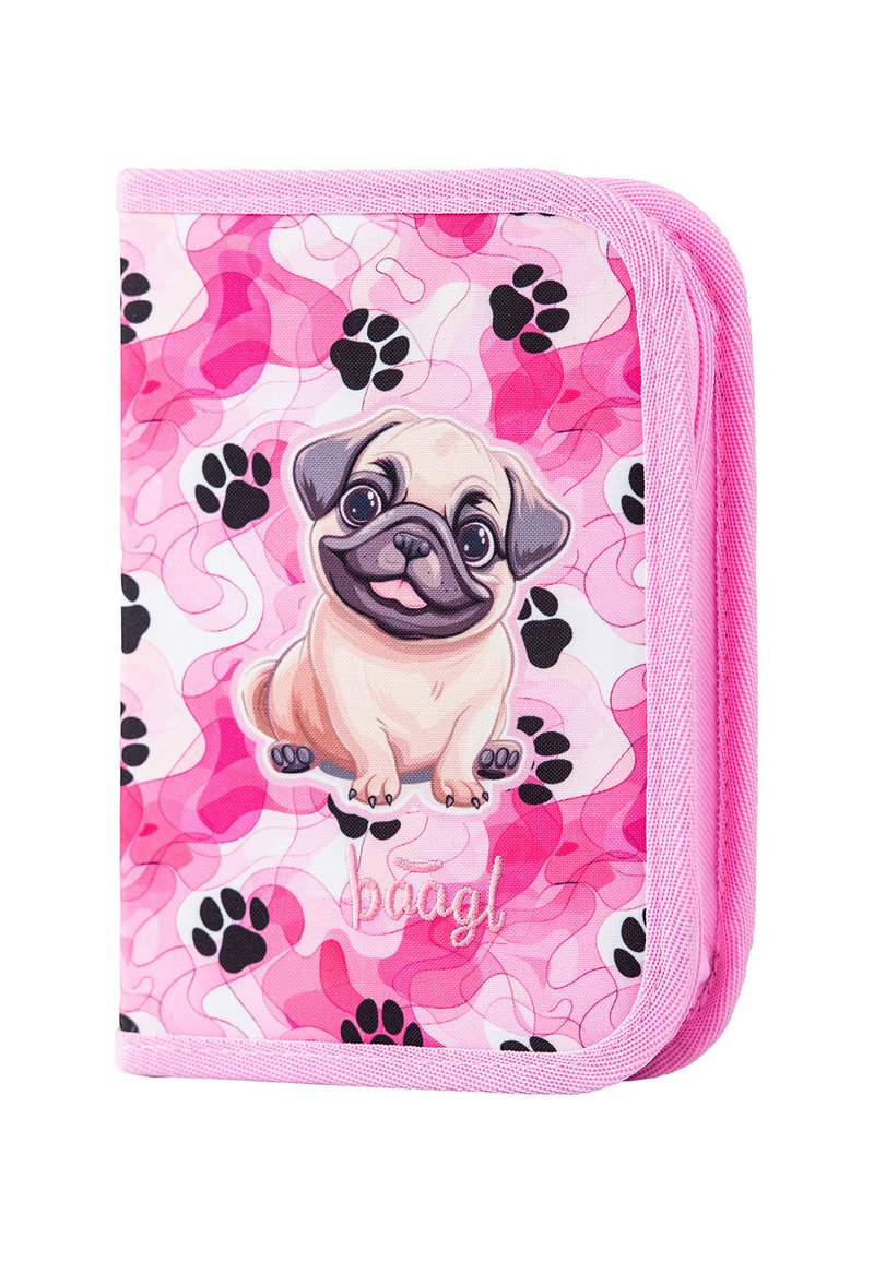 Pink fabric wallet with a cartoon pug design on a colorful paw print background, featuring a zip closure and textured edges.
