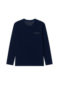 Camiseta de manga larga color navy hecha de algodón suave, con un corte ajustado, cuello redondo y un pequeño bolsillo en el pecho con rayas verticales.