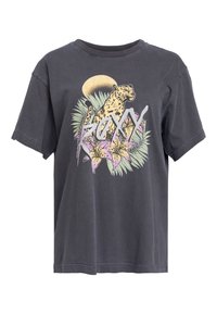 T-shirt di cotone grigio scuro con maniche corte, caratterizzato da una grafica di leopardo, accenti floreali e la parola "ROXY" in caratteri in grassetto.