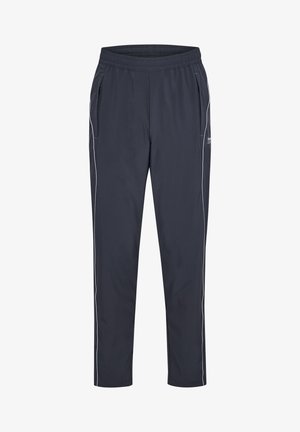 Dunkelblau sportliche Hosen mit einem elastischen Bund, zwei Seitentaschen und weißen Paspeln an den Seiten. Glatte Textur, leichtes Material.
