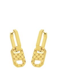 Orecchini in tono oro con design ottagonale, dotati di una superficie testurizzata con un motivo ripetitivo e una chiusura elegante e moderna.
