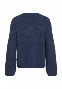 Sötétkék kötött pulóver texturált anyagból, széles, hosszú ujakkal és egyenes aljjal, laza szabású és kerek nyakkivágással.