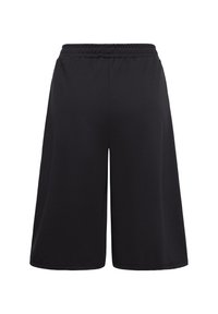 Short noir ample longueur genou avec une taille élastique, présenté de dos sur fond blanc.