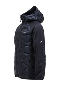 Sort puffy jakke med hætte, med en quiltet front, glatte ærmer, lynlås foran og et logo på brystet og ærmet.