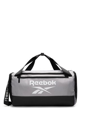 Borsa da palestra Reebok grigia e nera con manici neri doppi, scomparti con cerniera e tracolla brandizzata.