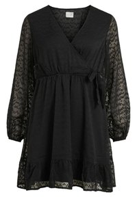 Svart omlottklänning med långa genomskinliga mönstrade ärmar, texturerad kappa, samlad midja och volangkant. Justerbart snöre i midjan.